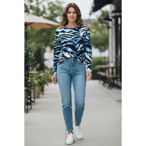 Ciara Sun Woo Abstract Zebra Print Stretch Top Blue Black Batwing Sleeve Size L